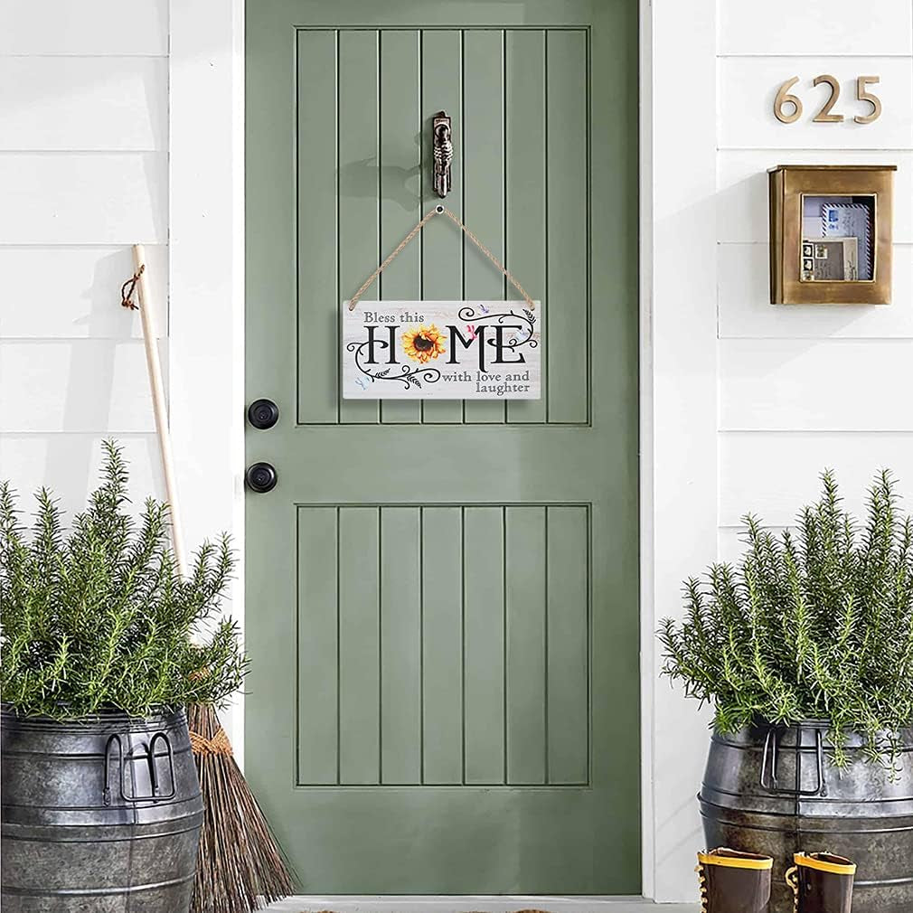 New Home Gifts Sunflower Rustic Wooden New House Plaque Sign Bless This Home with Love and Laughter Inspirational Saying Wooden Door Decor(11"X 6") Housewarming Gifts Living Room Decorations