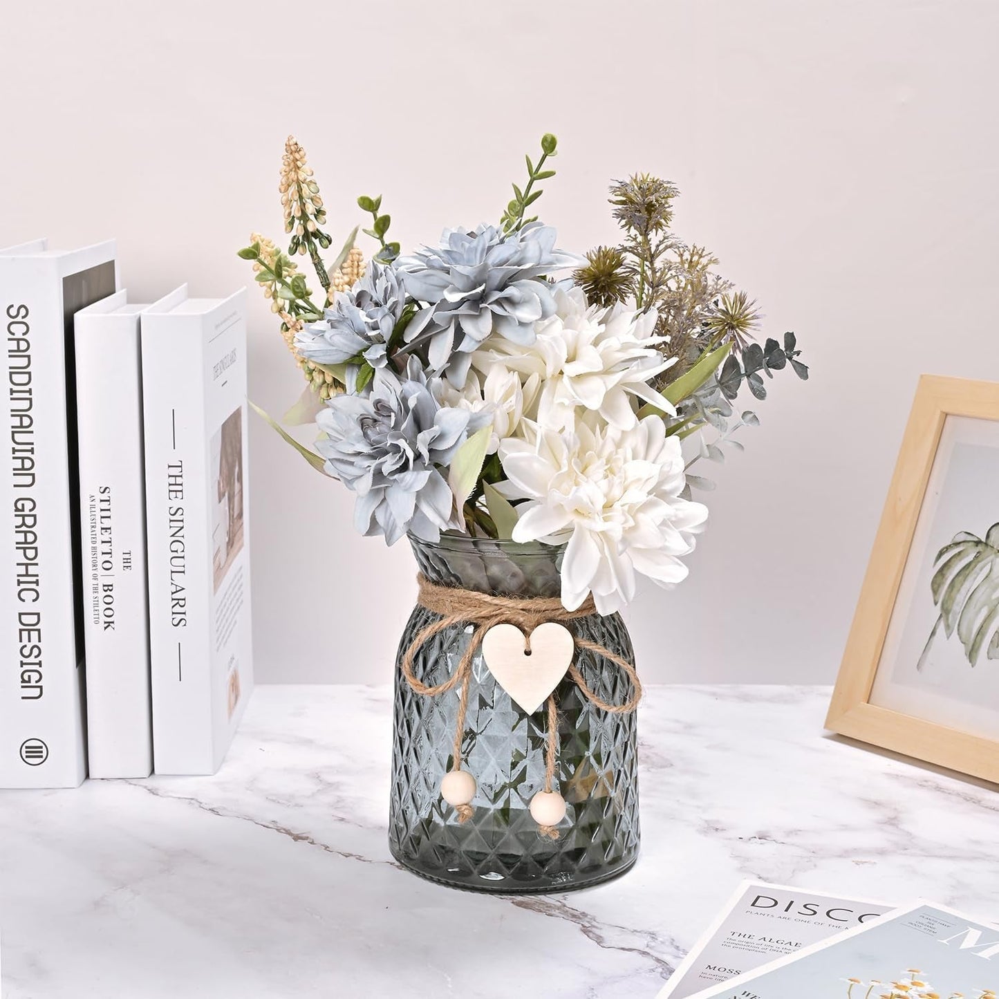 Fake Flowers with Vase, Blue Silk Roses Flowers Arrangement Artificial Flowers in Vase, Autumn Spring Decor,Home Office Living Room Decorations, Dining Table Centerpiece