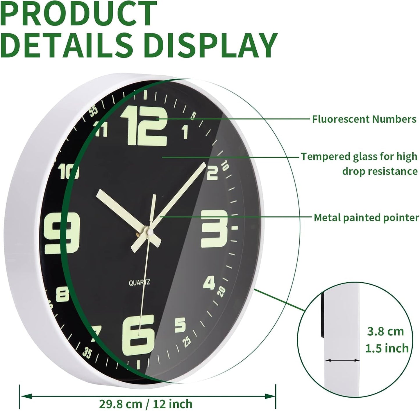Wall Clock - 12 Inch Large Wall Clocks Glow in the Dark Clock Silent Night Lights Luminous Modern Small Vintage Black Retro White Outdoor Clock for Kitchen Bedrooms Bathroom Living Room Garden Kids