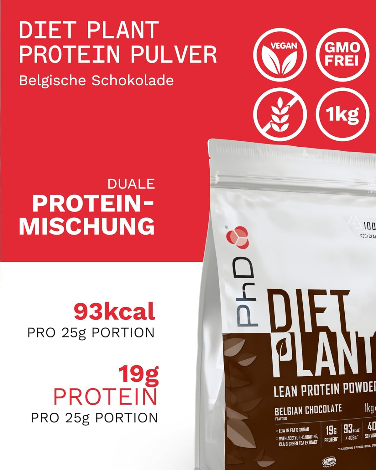 Nutrition Diet Plant, High Protein Lean Matrix, Vegan Diet Protein Powder, Belgian Chocolate, 18G of Plant Protein, 40 Servings per 1 Kg Bag (Packaging May Vary)