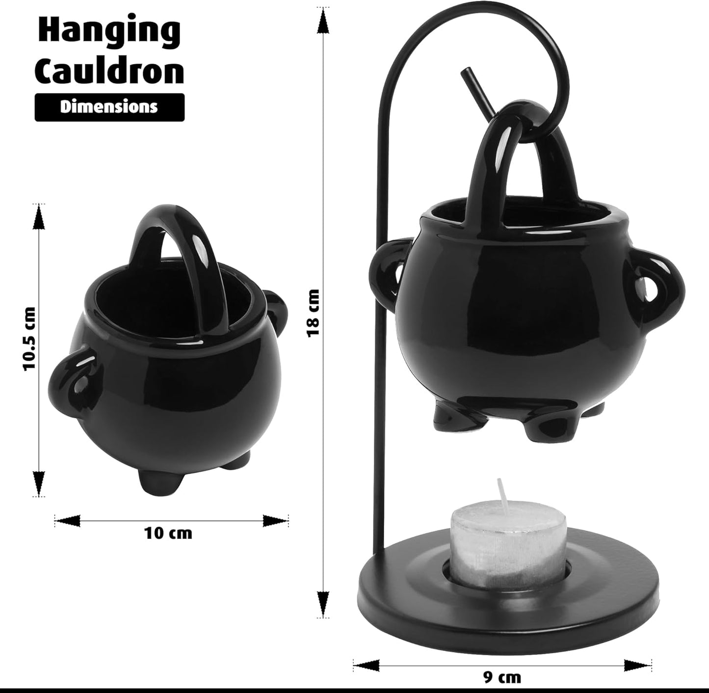 Cauldron Wax Melt Burner with Tealight Candle, Warming Stand, Decorative Hanging Living Room Home Decor and Aromatherapy, Spooky Halloween Black Warmer Pot