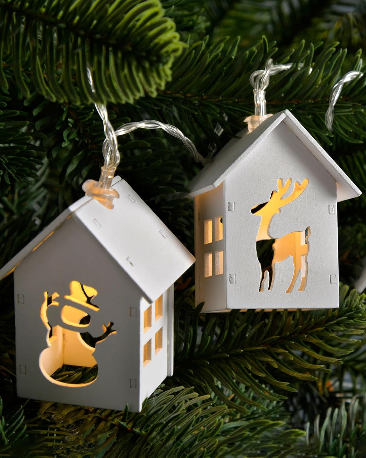 Reindeer and Snowman Wooden House Light String with 10-LED - White