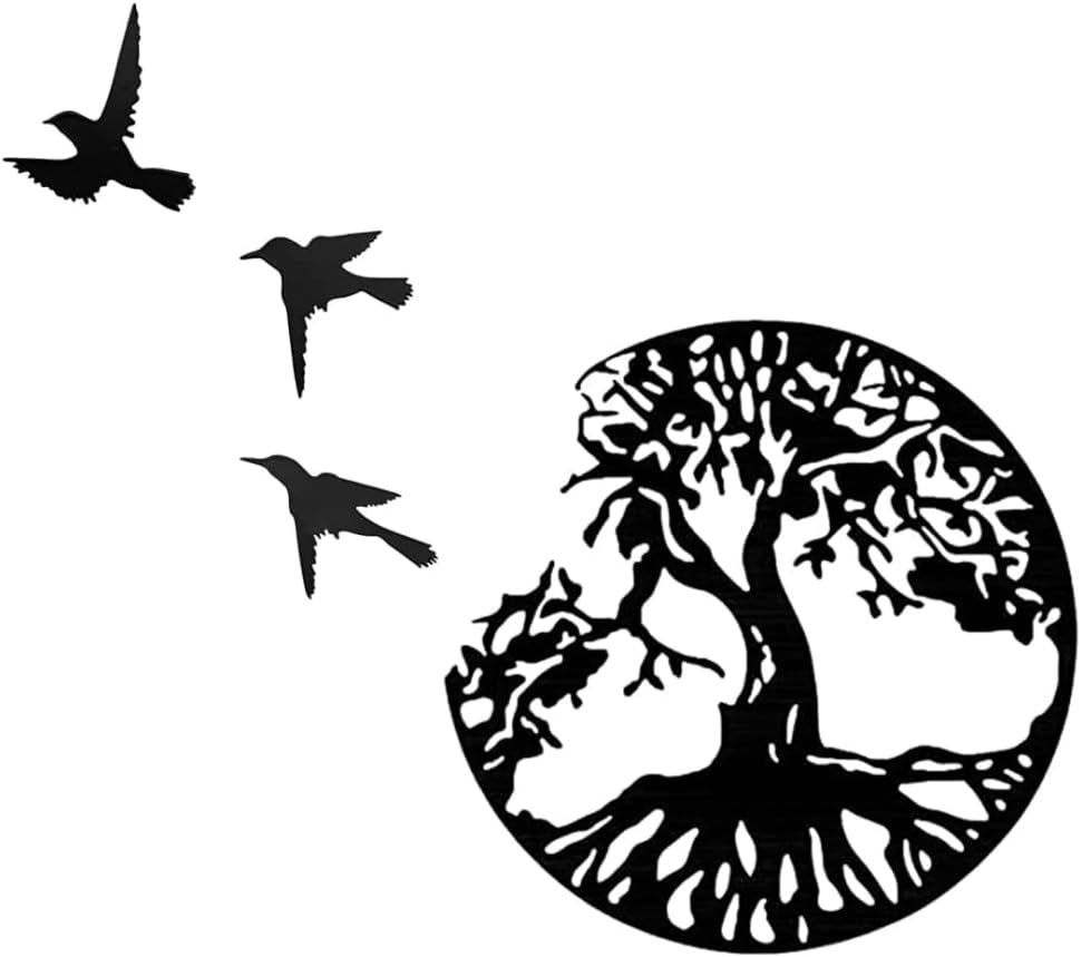 Black Metal Wall Art Tree Life Metal Wall Decor Wall Sculptures Tree Bird Shaped Wall Sign Black Hanging Ornaments for Bedroom Living Room Decoration(28Cm/11.02In)