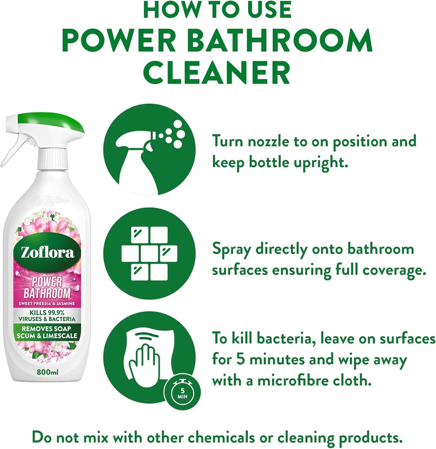 Sweet Freesia & Jasmine Power Bathroom Cleaner, Removes Soap Scum, Limescale Remover & Prevention, Antibacterial Multi-Surface Bathroom Spray, Kills 99.9% of Bacteria & Viruses, 1 X 800 Ml