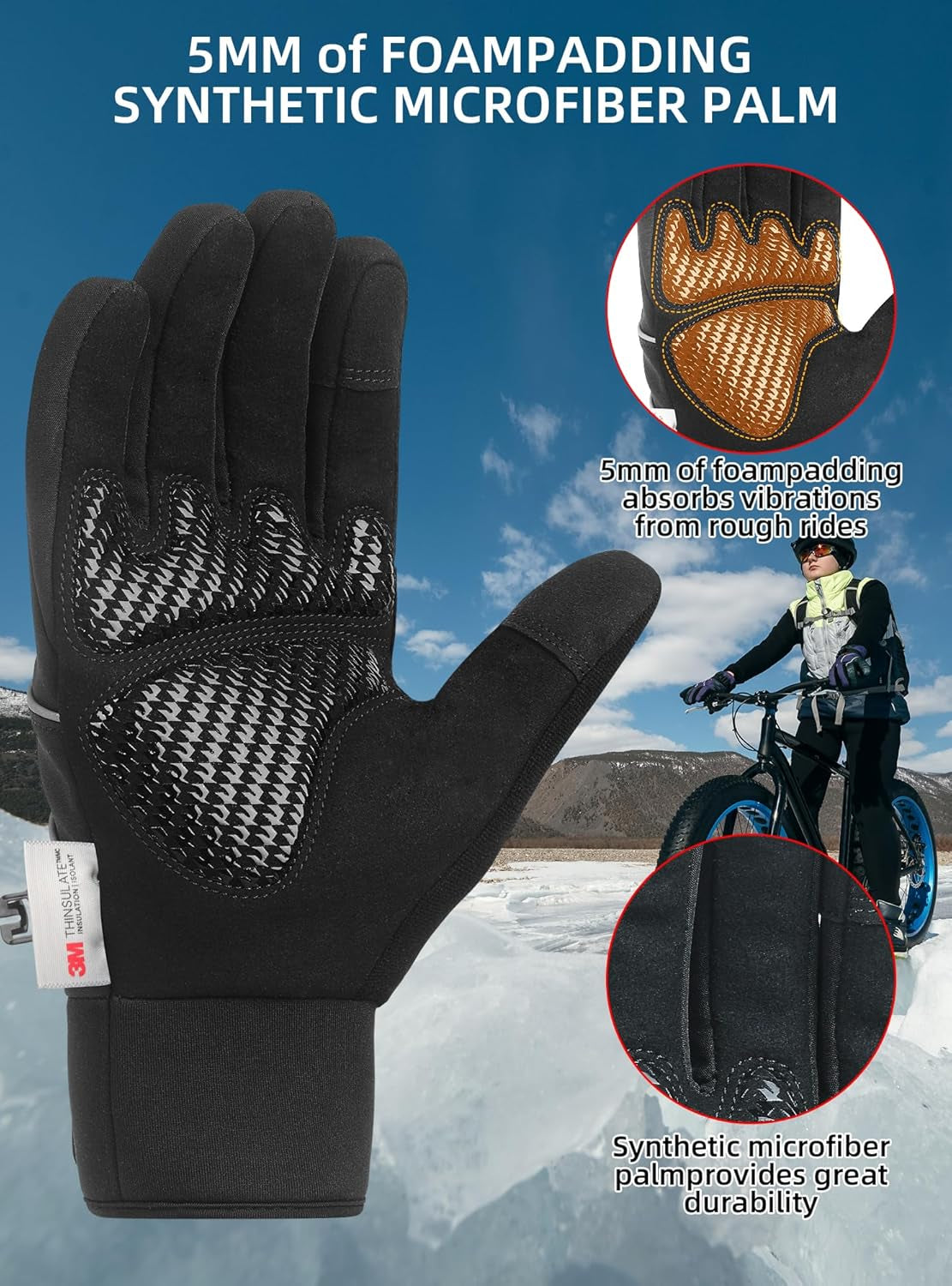 Winter Cycling Gloves Men Women,3M Full Finger Padded Touch Screen Bike Glove Anti-Slip Warm Waterproof Windproof for Running,Biking,Outdoor Sports