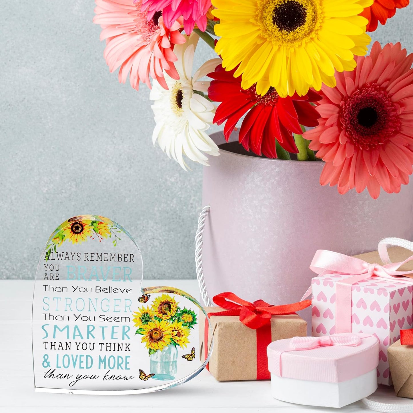 Motivational Gifts - Acrylic Hearts with Heartwarming Message - Inspirational Gifts for Women, Men Gifts - Home Office Desk Decor - Best Friends Gifts, New Job Gifts (Heart - Sunflower)