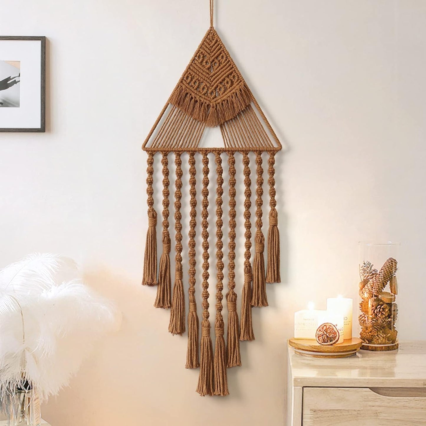 Macrame Wall Hanging Handwoven Dream Catcher Triangle Tassel Tapestries Boho Backdrop Decor Geometric Art Handmade Tapestry for Wall Apartment Party Bedroom Living Room Door Decoration