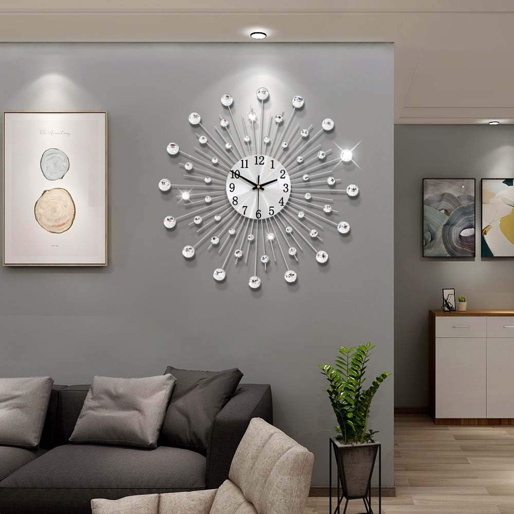 Silver Wall Clock Stylish Diamond Silent Non-Ticking Arabic Numeral Clock Very Large Wall Clocks for Living Room, Bedroom, Kitchen, Home Decor (50Cm/ 20Inch