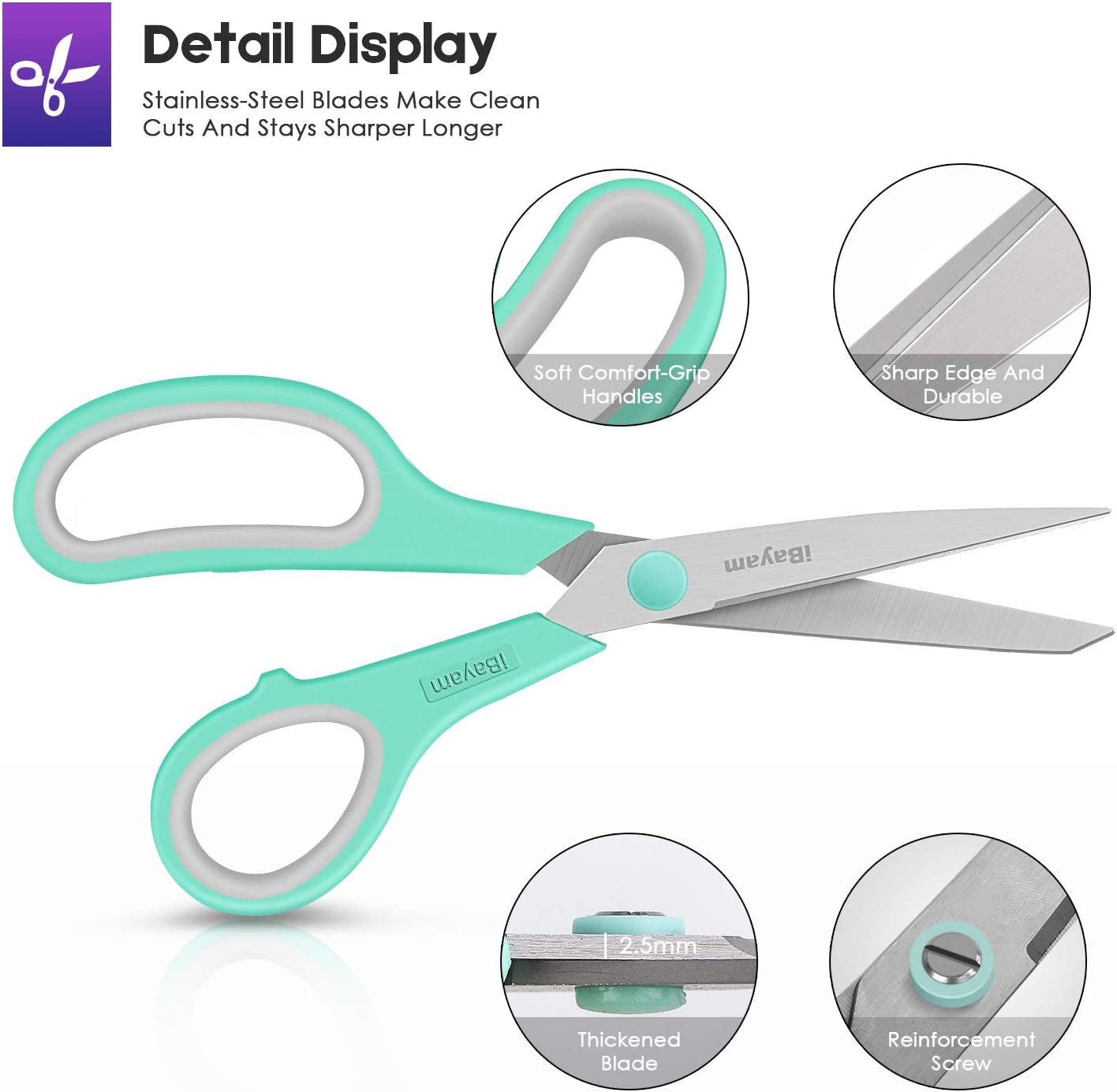 8" Multipurpose Scissors 3 Pack with Ultra Sharp Blades, Comfort-Grip Handles, Sturdy for School Home Office Art Craft Sewing Tailor Heavy Duty