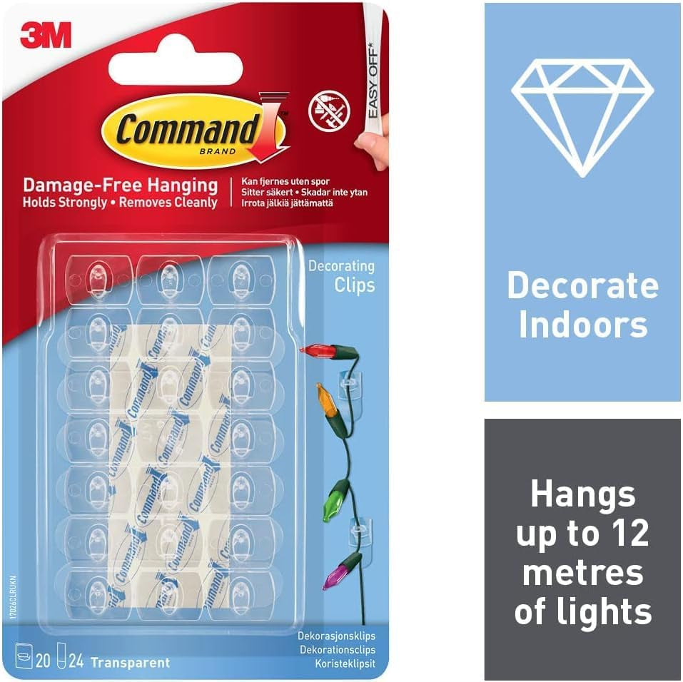 Decorating Clips, Pack of 20 Mini Hooks and 24 Small Strips, Transparent - Hanging Clips for Decorations and Fairy Lights, Wall Adhesive - Damage Free