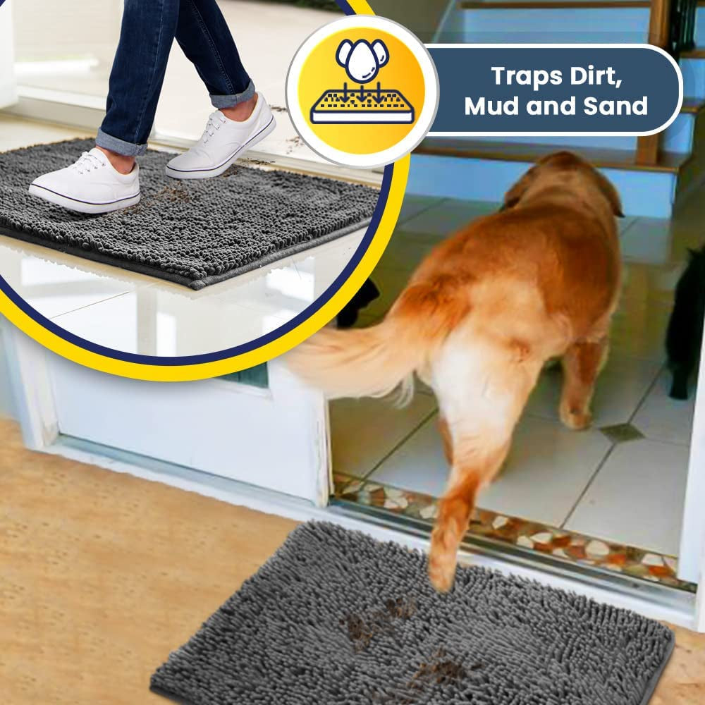 AS-SEEN-ON-TV Highly Absorbent Microfiber Door Mat and Pet Rug, Non Slip Thick Washable Area and Bath Mat Soft Chenille for Kitchen Bathroom Bedroom Indoor and Outdoor - Grey Medium 30"X19"
