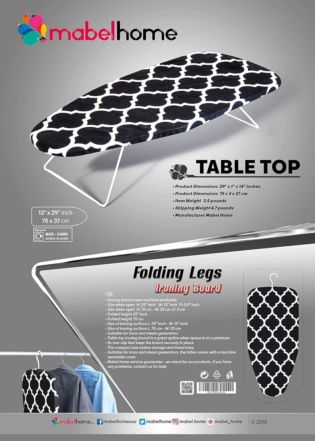 Table Top Ironing Board with Folding Legs, Extra Cover