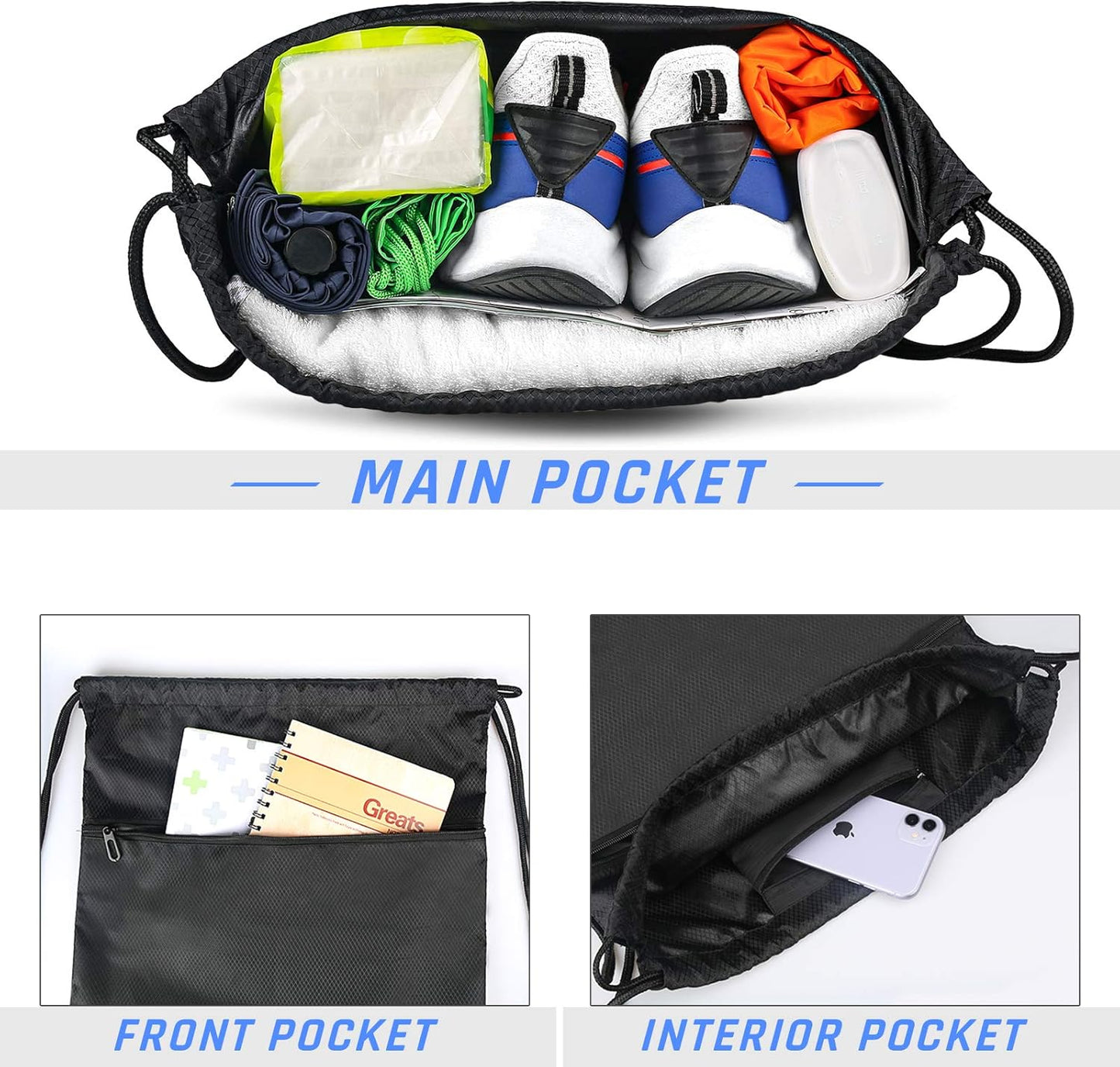 Drawstring Gym Bag, Large Sports Backpack String Swim Drawstring PE Bags for Women Men, Travel Beach School Bag with Waterproof