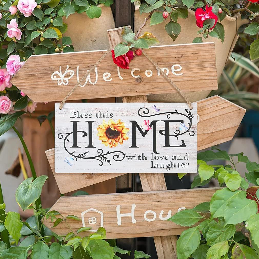 New Home Gifts Sunflower Rustic Wooden New House Plaque Sign Bless This Home with Love and Laughter Inspirational Saying Wooden Door Decor(11"X 6") Housewarming Gifts Living Room Decorations