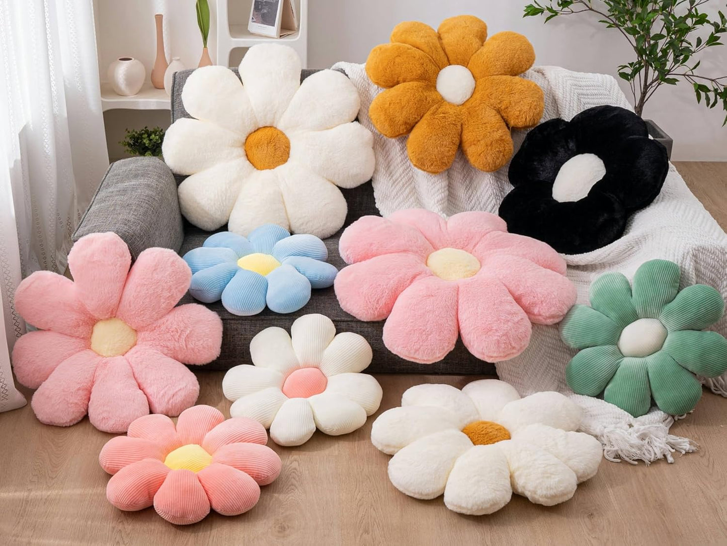 2Pcs Daisy Flower Pillow Throw Pillows, Cute Aesthetic Preppy Room Decor Flower Cushion Floor Cushions for Girls Bedroom Sofa Chair (Pink & White, 38X38Cm)