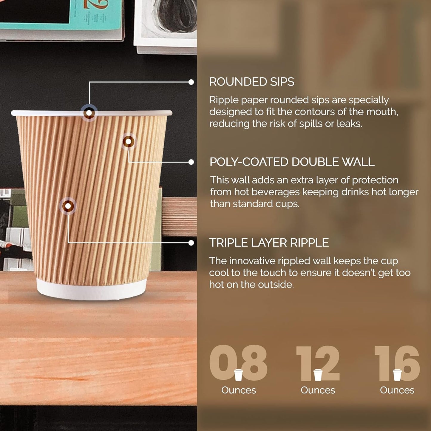 100 X Kraft 12 Ounce Ripple 3 Ply Disposable Insulated Paper Cups for Tea Coffee Cappuccino Hot Drinks, Brown