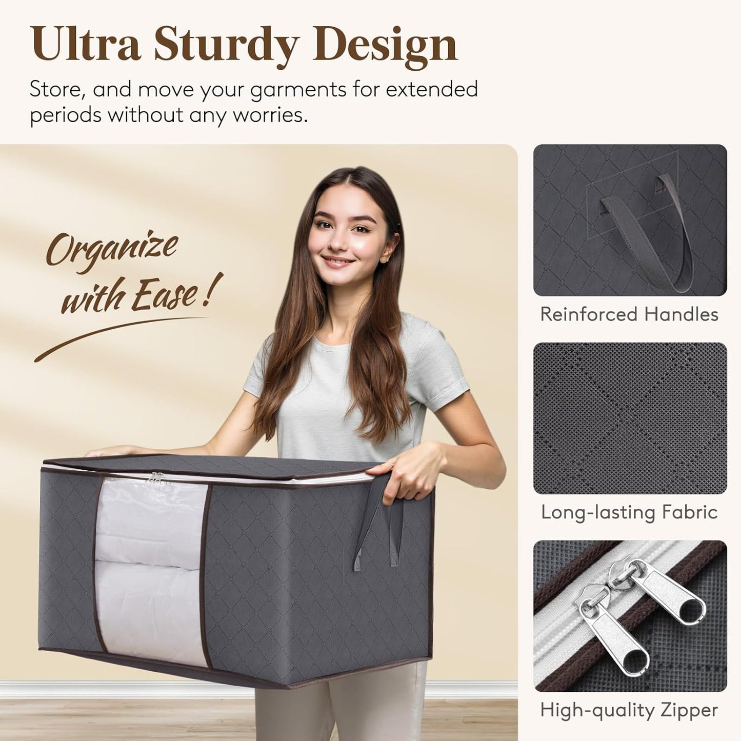 90L Clothes Storage Bags Large Storage Box with Lid Packing Boxes for Moving House with Reinforced Handle Thick Fabric Clear Window for Clothes Duvet Blankets Bedding, 3 Pack, Grey