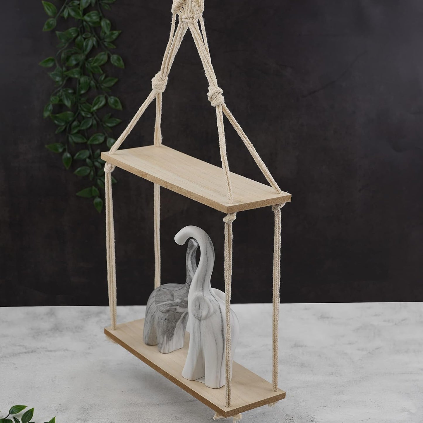 2 Tier Hanging Floating Macrame Rope Shelf Wooden Storage Kitchen Wall Boho Decor Gift (HANGING SHELF 30X10X72 Cm)