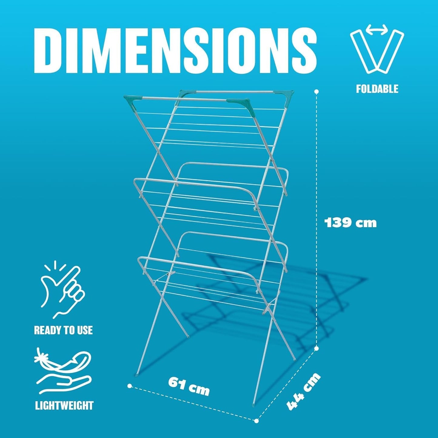 3 Tier Folding Clothes Airer - for Laundry, Indoor and Outdoor | Non-Slip Feet & Corner Spaces for Hangers | Home Storage - Foldable Drying Rack, Lightweight, Space Saving Washing Line