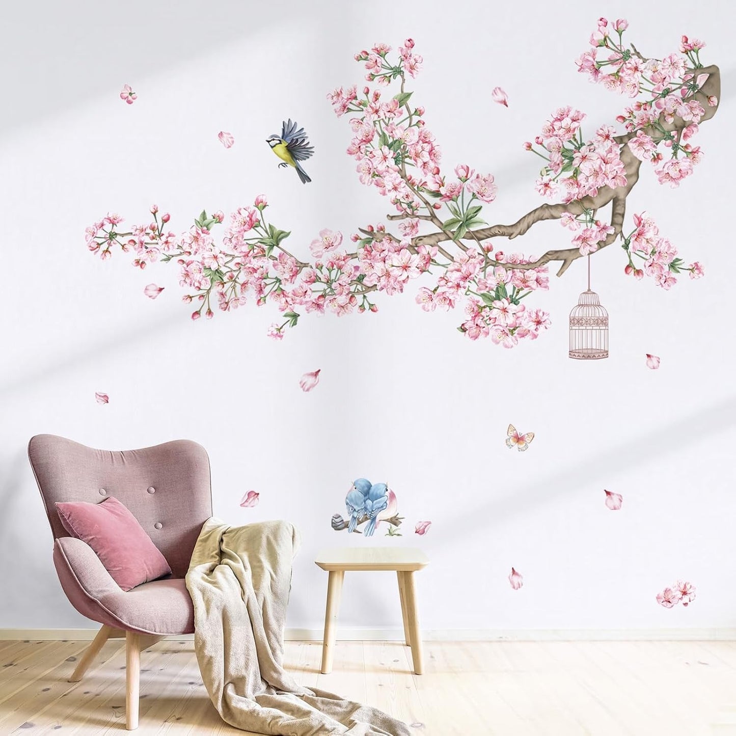 Cherry Blossom Tree Branch Wall Decals Pink Flower Birds Wall Stickers Bedroom Living Room Sofa TV Background Wall Decor