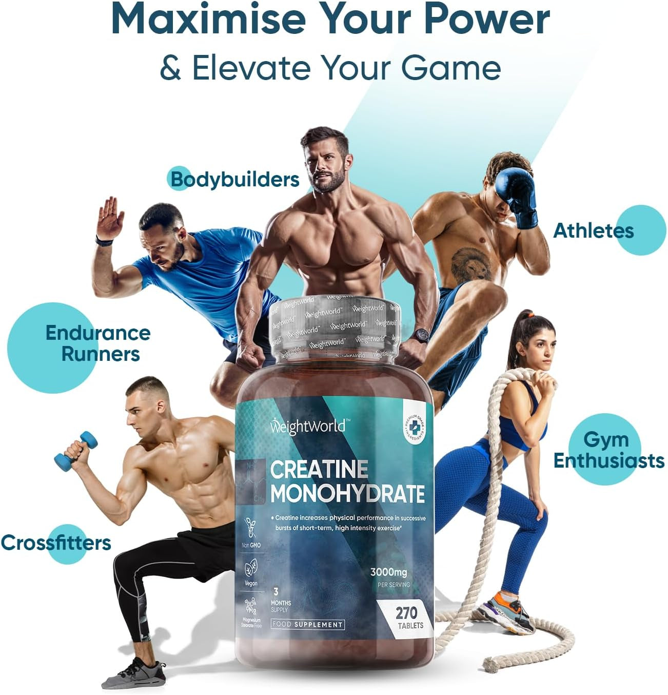 Creatine Monohydrate Tablets 3000Mg - 270 Creatine Tablets - Gym Supplement for Men & Women - Creatine Monohydrate Powder Alternative - Vegan & Keto Unflavoured Energy Supplement for Workout