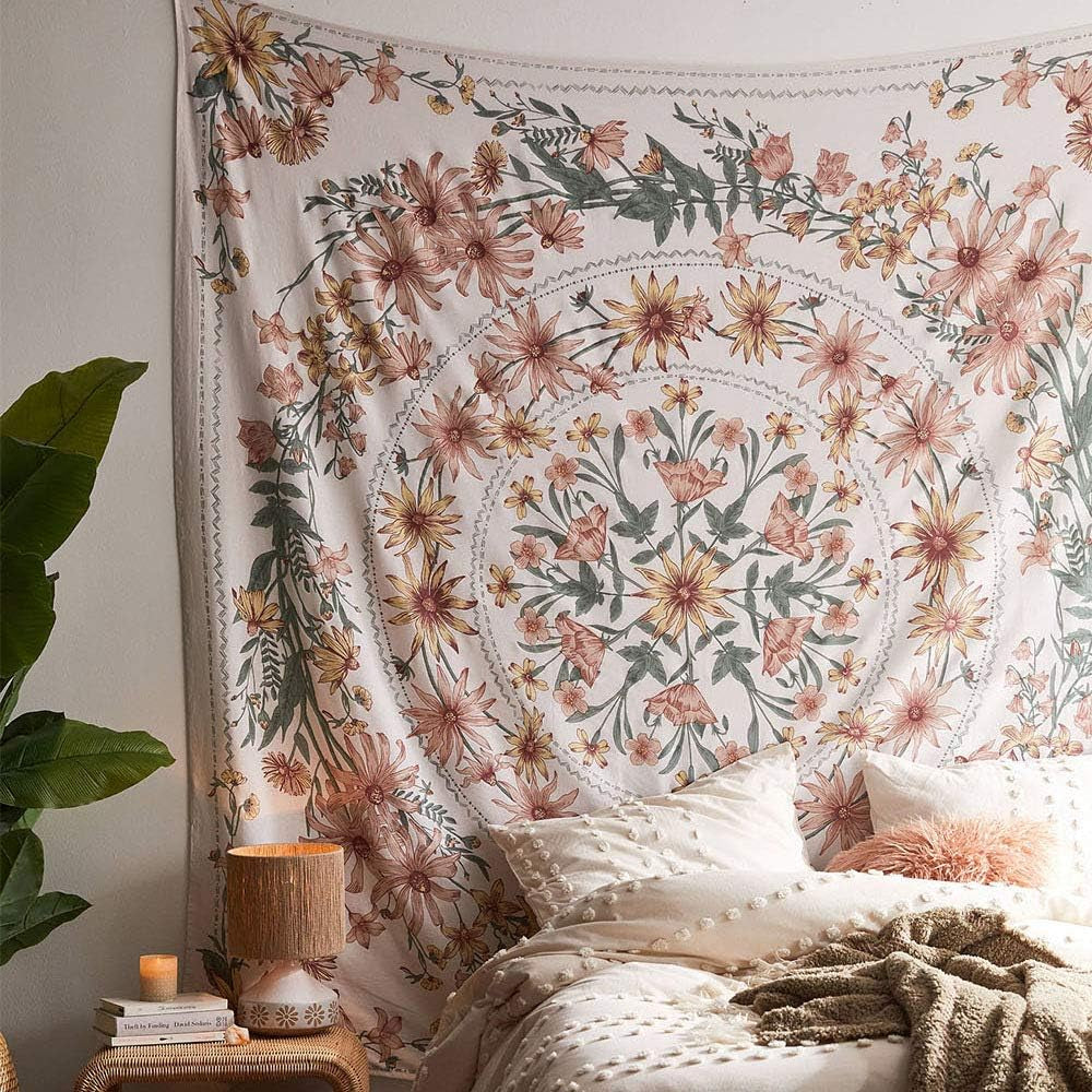 Beige Bohemian Tapestry Wall Hanging, Mandala Flower Medallion Hippie Tapestry with White Aesthetic Wreath Design, Psychedelic Hippie Wall Decoration Ceiling for Bedroom Dorm 150 X 170 Cm