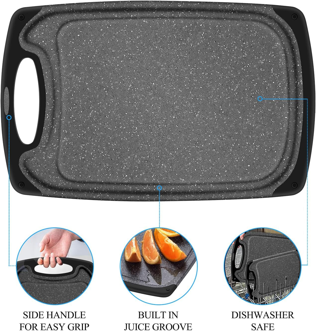 Chopping Board Set of 3, Small to Large, Chopping Boards for Kitchens with Non-Slip Feet and Deep Drip Juice Groove, Easy Grip Handle, BPA Free, Dishwasher Safe Cutting Board (Black)