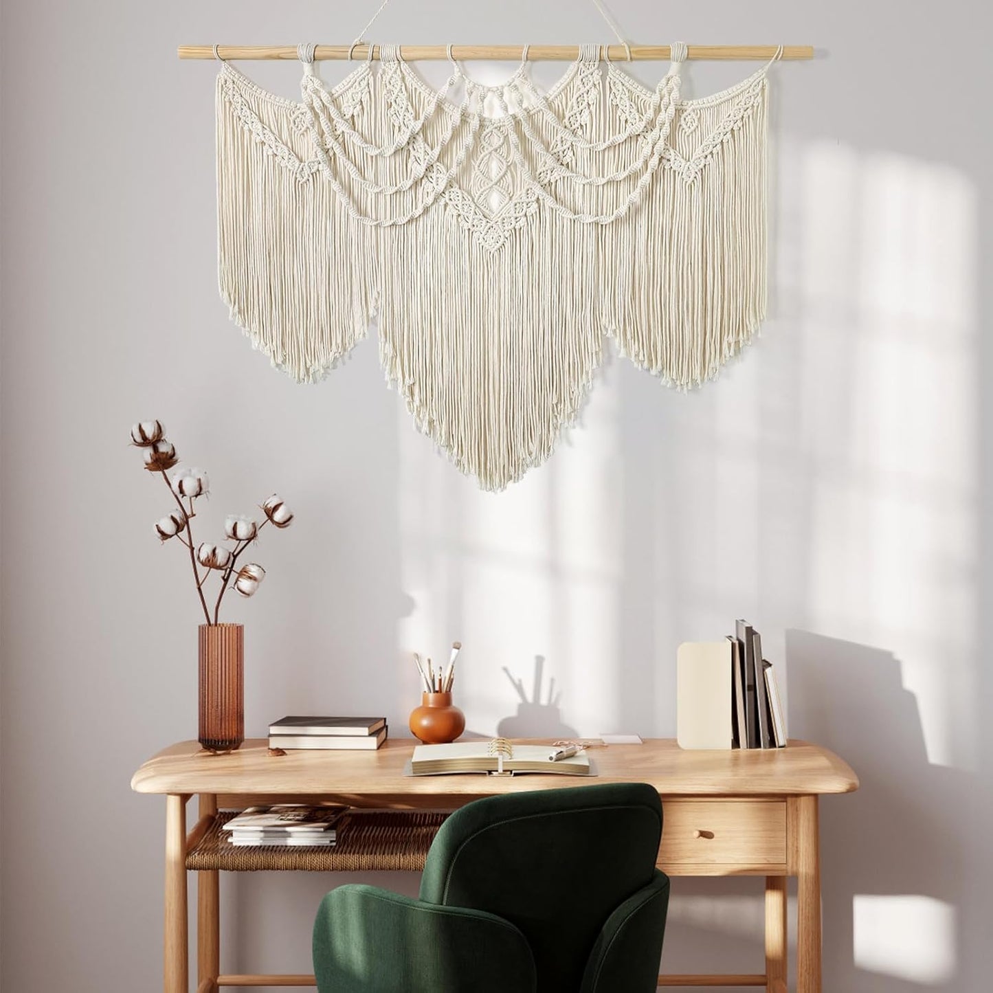 Large Macrame Wall Hanging Boho Handmade Woven Tapestry Tassel Craft Ornament Wall Art Beige Natural Cotton Rope Bohemian Chic Wall Decor for Bedroom Living Room Office Apartment