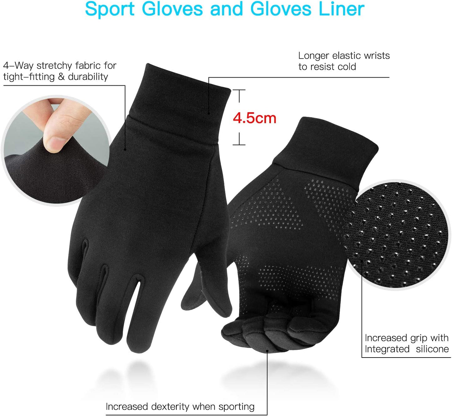 Running Gloves, Touch Screen Anti-Slip Lightweight Gloves Liners for Cycling Biking Sporting Driving for Men Women