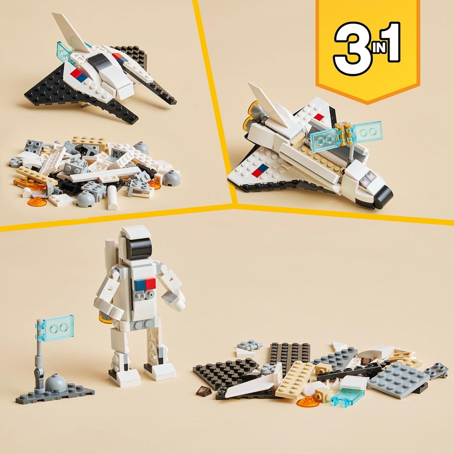 31134 Creator 3 in 1 Space Shuttle Toy to Astronaut Figure to Spaceship, Building Toys for Kids, Boys, Girls Aged 6 and Up, Creative Gift Idea