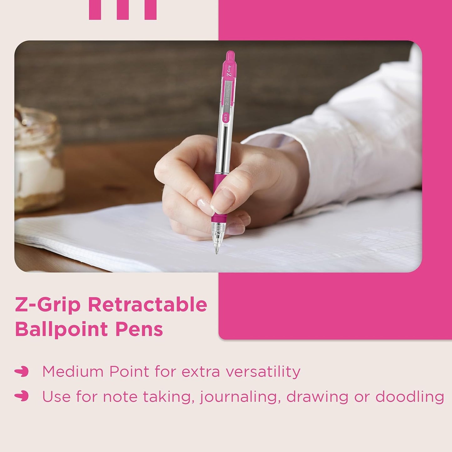 Z Grip Pink Pens Ballpoint, Smooth & Comfortable Ballpoint Pens with Pocket Clip, Retractable Ballpoint Pens with Pink Ink, Reliable Biro Pens Multipack for Everyday Use - Medium Point, 12Pk