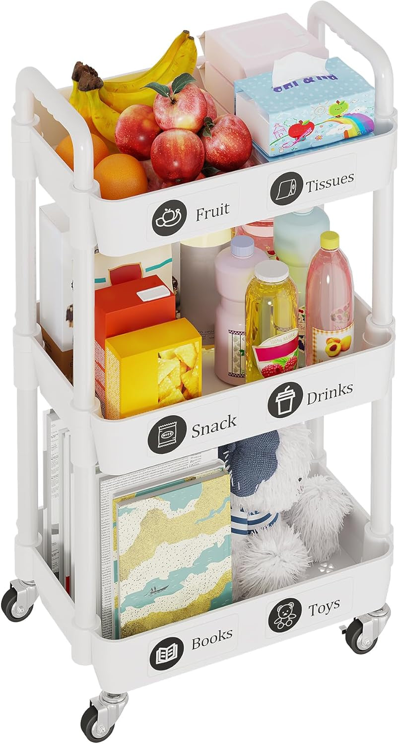3-Tier Rolling Storage Cart with Lockable Casters, Beauty Trolly,Bathroom Trolley, Multifunctional Storage Trolley,White