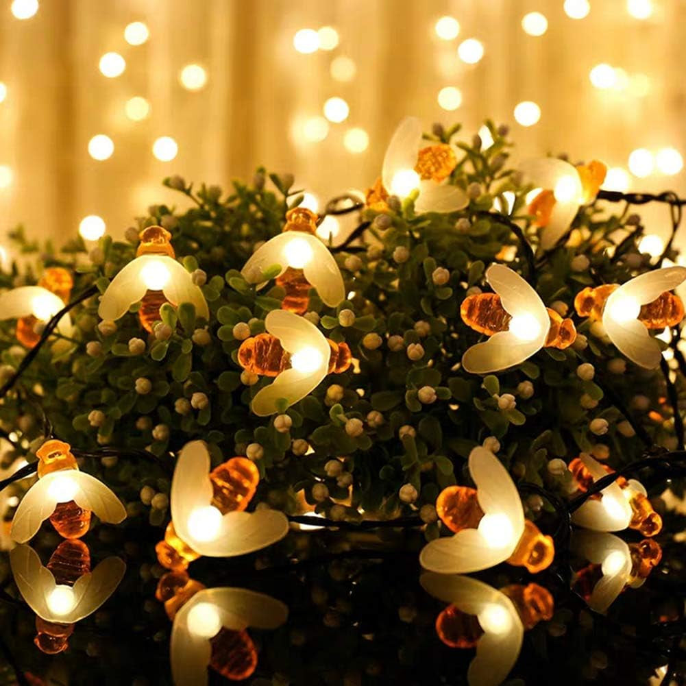 Solar Garden Lights, Honey Bee Fairy String Lights, 7M/24Ft 8 Mode Waterproof Outdoor/Indoor Garden Lighting for Flower Fence, Lawn, Patio, Festoon, Summer Party, Christmas, Holiday(Warm White)