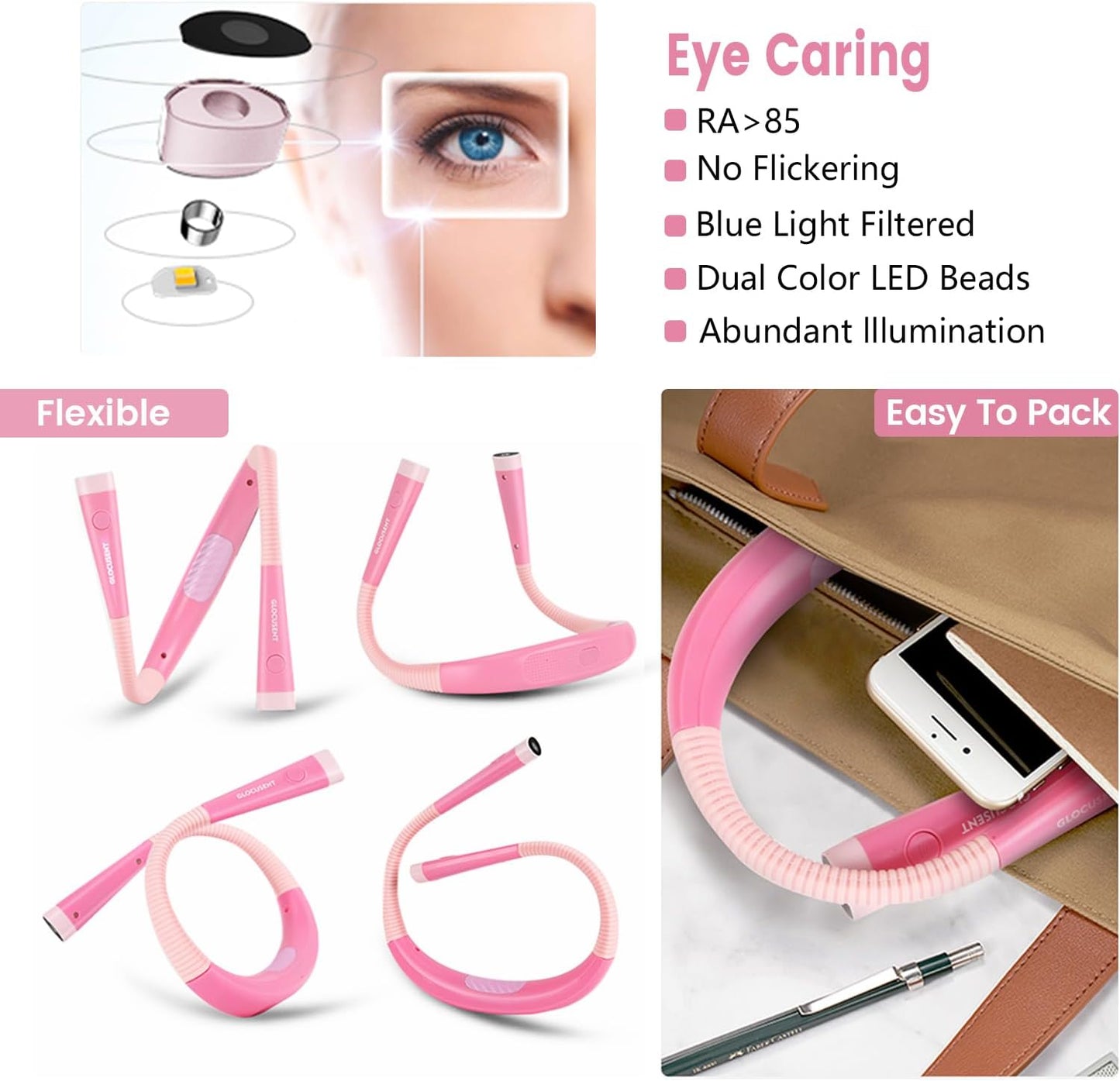 LED Neck Reading Light, Book Light for Reading in Bed, 3 Colors, 6 Brightness Levels, Bendable Arms, Rechargeable, Long Lasting, Perfect for Reading, Knitting, Camping, Repairing