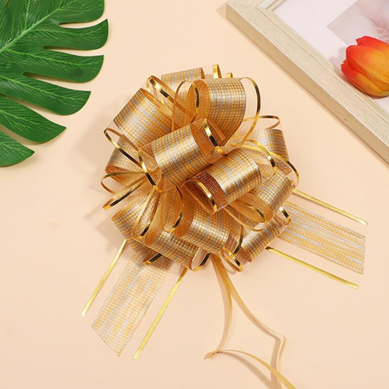 10Pcs Large Pull Bows(6 Inch),Gold Organza Pull Bows for Gift Wrapping,Party Decorations,Wedding Cars,Baskets
