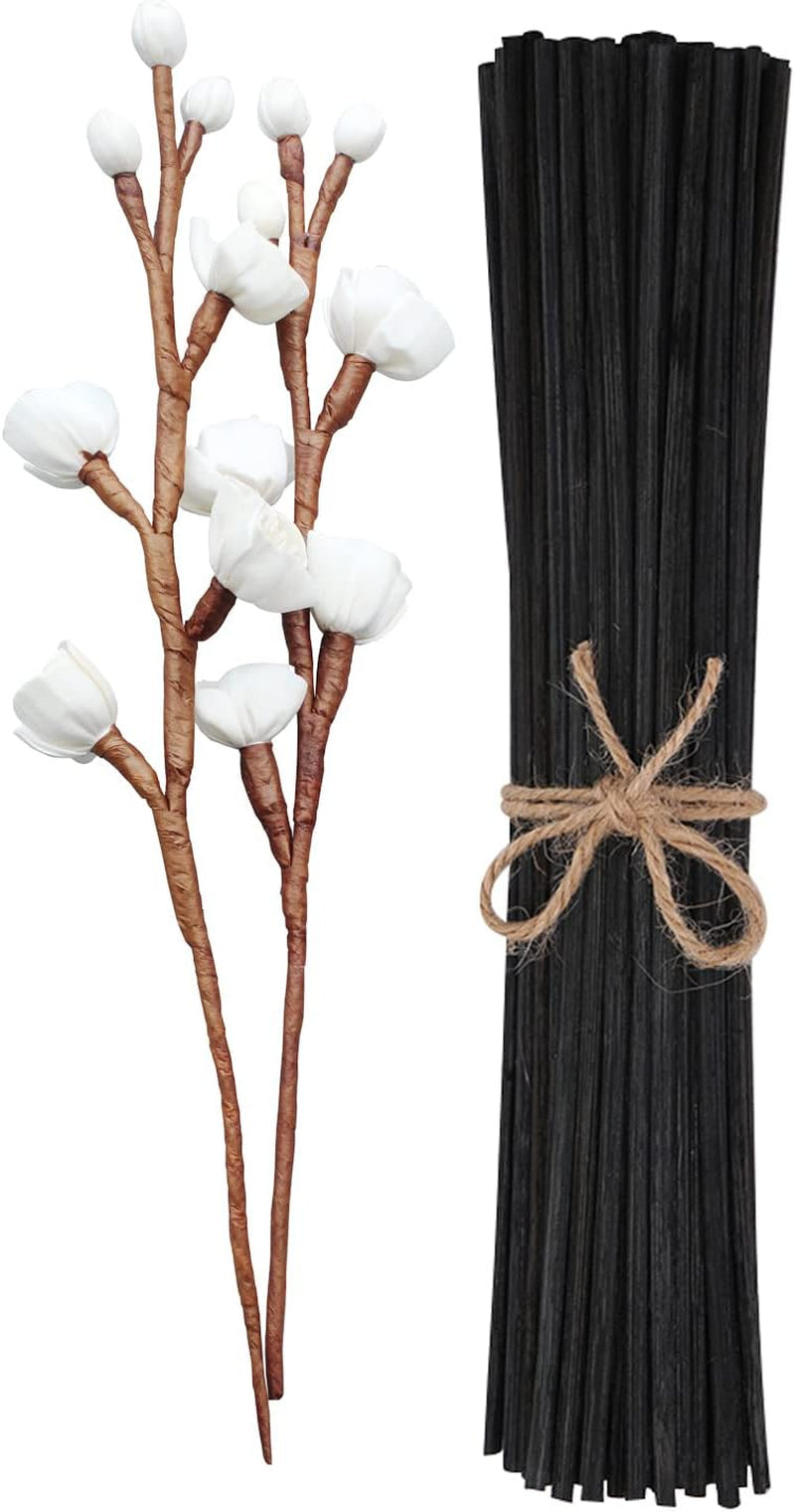 100Pcs Black Reed Diffuser Sticks Add 2 Pcs Sola Flowers 10 Inch Fiber Reed Diffuser Refill Aromatherapy Sticks Replacements Stick for Home