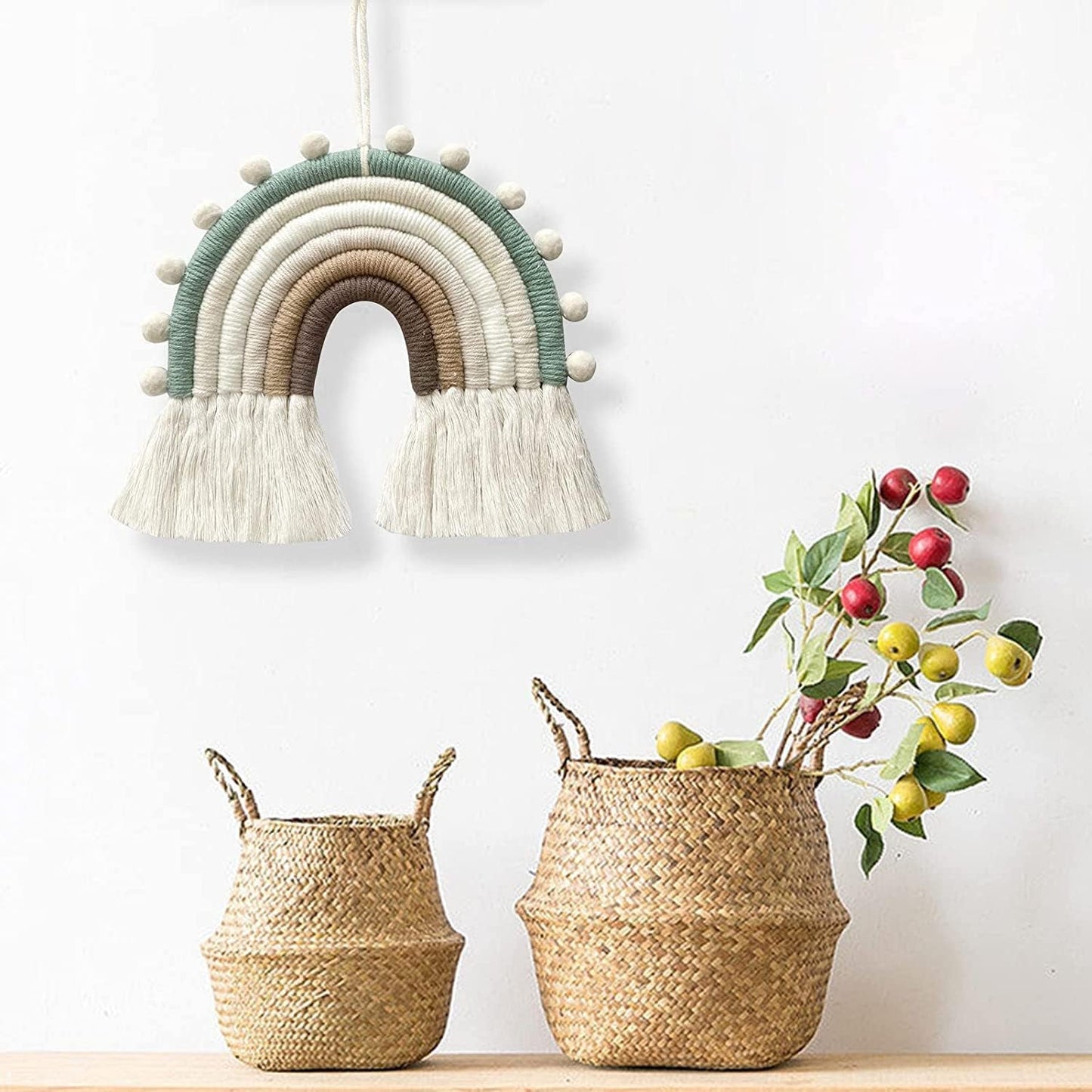 Rainbow Macrame Wall Hanging Decorations for Nursery Décor, Kids Bedroom Woven Tassel for Girls& Boys, Handmade Playroom Cotton Accessories for Baby Toddler Room (Beige)