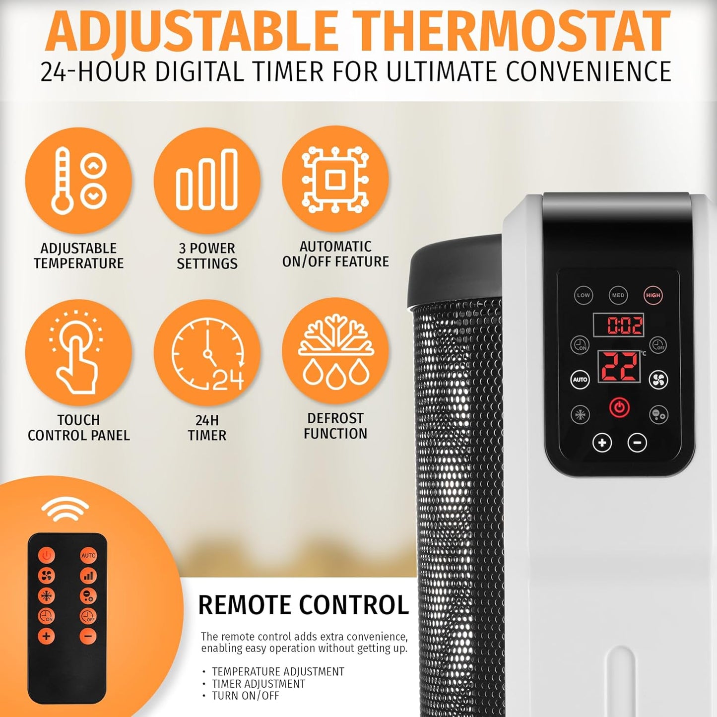 Cylindrical Mica Electric Heater with Remote Control – 360° Surround Heating, 3 Heat Settings 2200W, 24-Hr Timer, Energy-Saving, Silent for Home, Office (Digital Control with Remote)