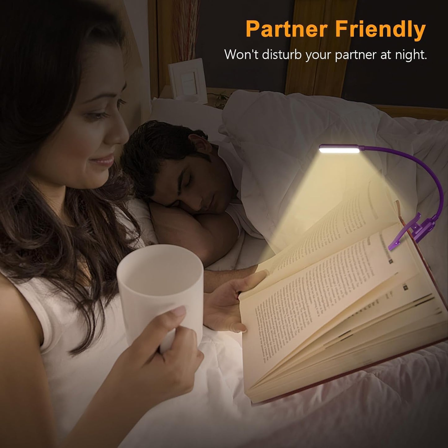 9 LED Clip on Book Light, 3 Eye-Protecting Modes Flexible Reading Light Book Lamp (Warm&Cool White) -Stepless Dimming, Rechargeable, Long Battery Life, 4-Level Power Indicator-Dark Purple