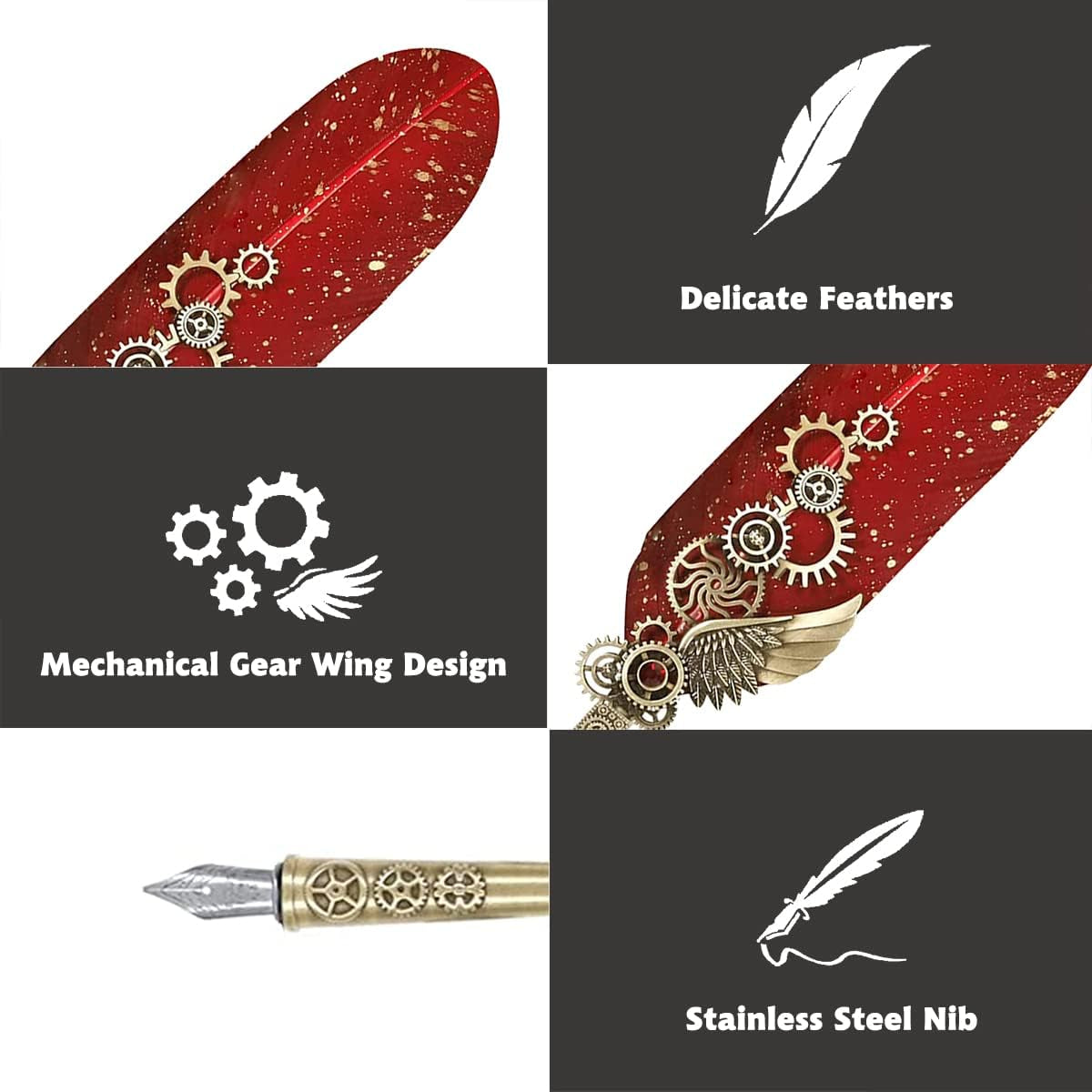 Quill Pen and Ink Set, Feather Pen Calligraphy Set, Mechanical Gears Wings Design, Stationery Gift for Handwriting Lovers Birthday Christmas Valentine’S Day