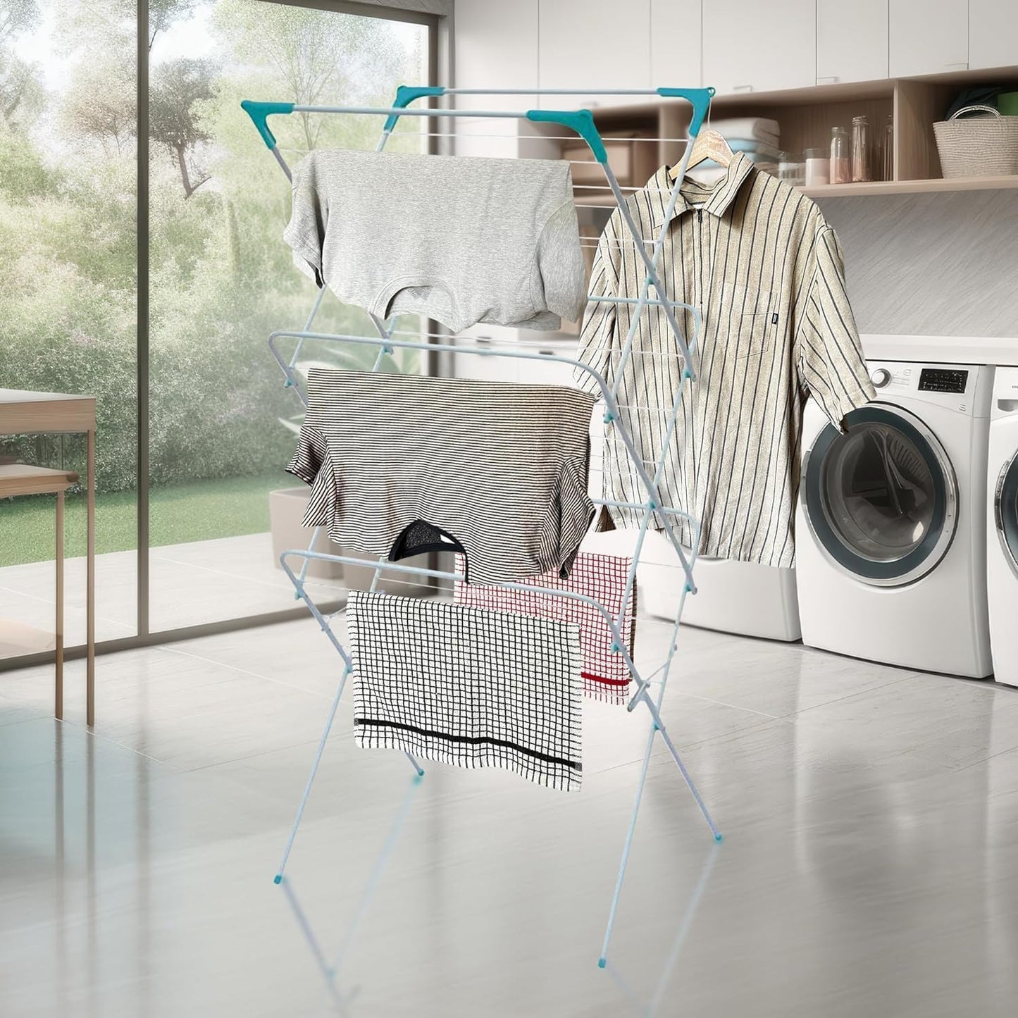 3 Tier Folding Clothes Airer - for Laundry, Indoor and Outdoor | Non-Slip Feet & Corner Spaces for Hangers | Home Storage - Foldable Drying Rack, Lightweight, Space Saving Washing Line
