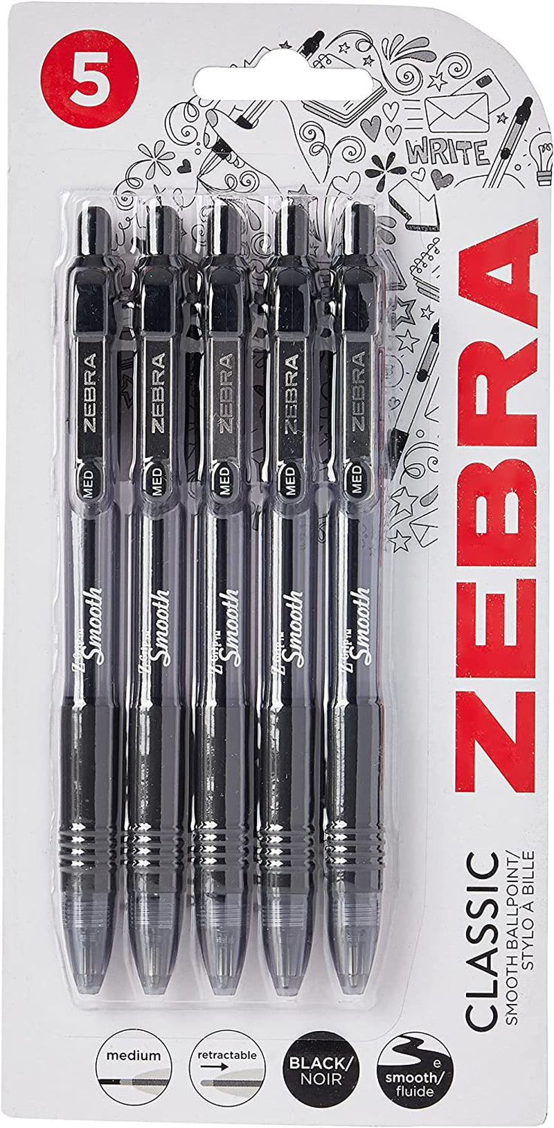 Z Grip Smooth Black Ballpoint Pens, Comfortable s with Pocket Clip, Retractable Ballpoint, Reliable Black Biro Pens Multipack for Everyday Use - Medium Point, 5Pk