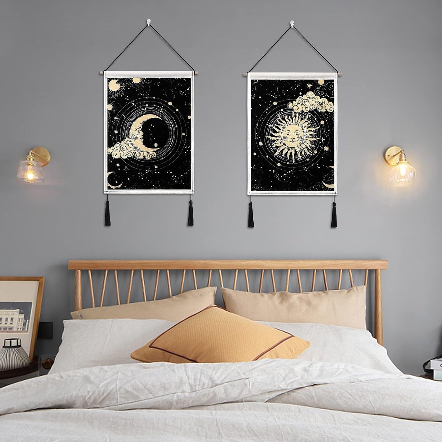Japanese Moon and Sun Wall Tapestry with Tassels 2 Pack Black Banner Tapestry Wall Hanging Bohemian Wall Art Decor for Bedroom Aesthetic Living Room (Sun&Moon)