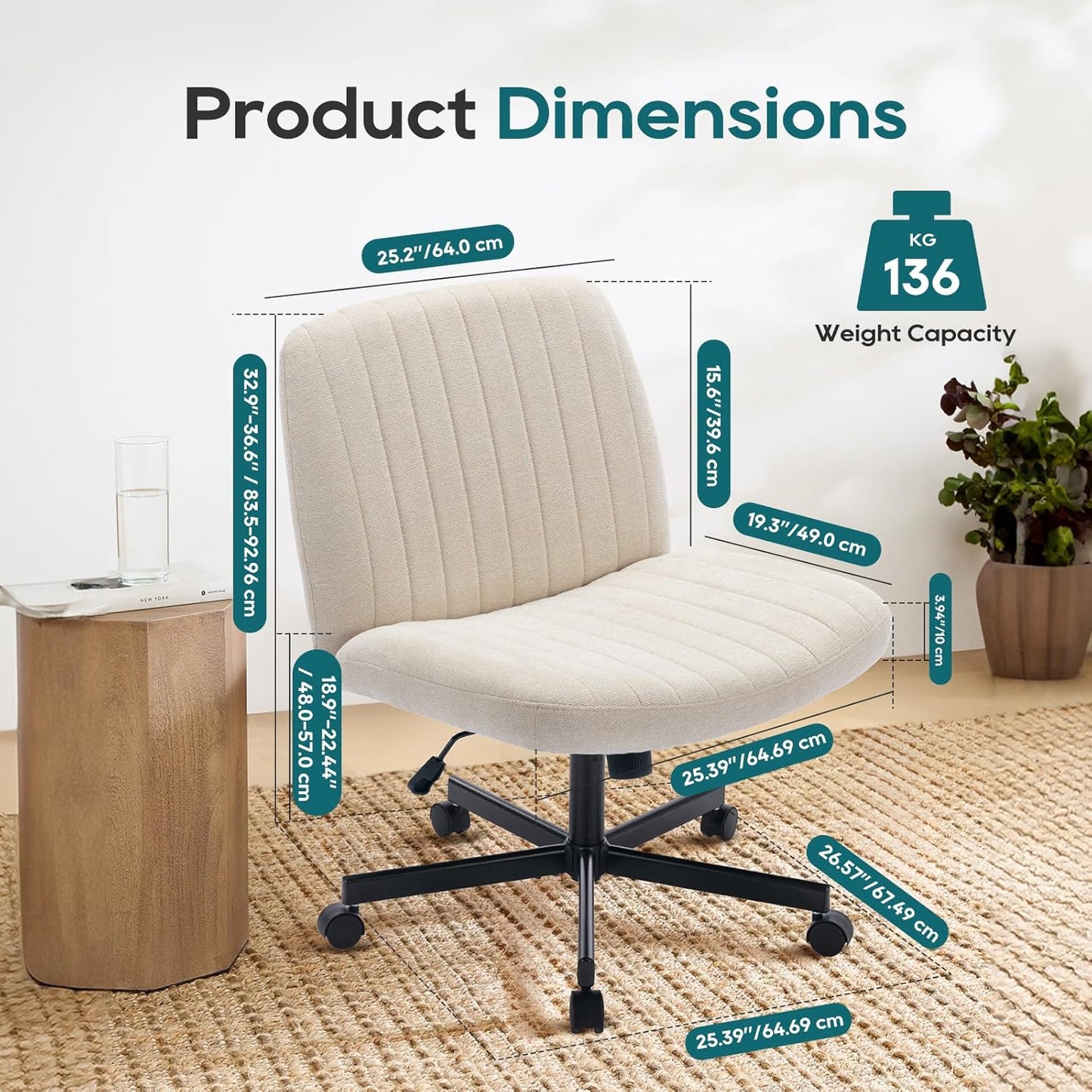 Wide Office Chair, Padded Armless Task Vanity Chair Swivel Home Office Desk Chair 115°Rocking Mid Back Ergonomic Computer Chair for Home Working, Make Up, Gaming (With Wheels, Beige)