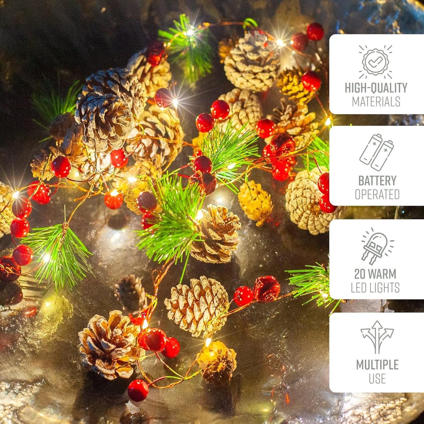 Christmas Garland - 2M Pre-Lit Decoration with 20 Leds for Fireplace, Indoor, and Stairs