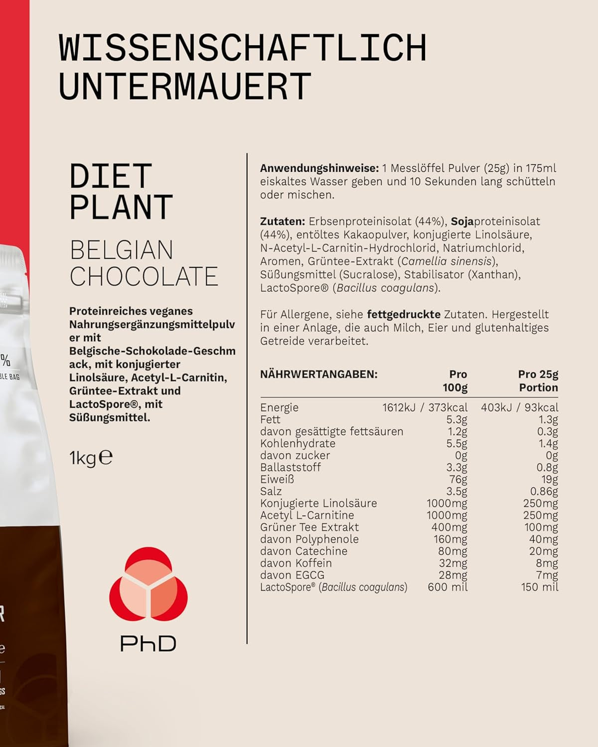 Nutrition Diet Plant, High Protein Lean Matrix, Vegan Diet Protein Powder, Belgian Chocolate, 18G of Plant Protein, 40 Servings per 1 Kg Bag (Packaging May Vary)