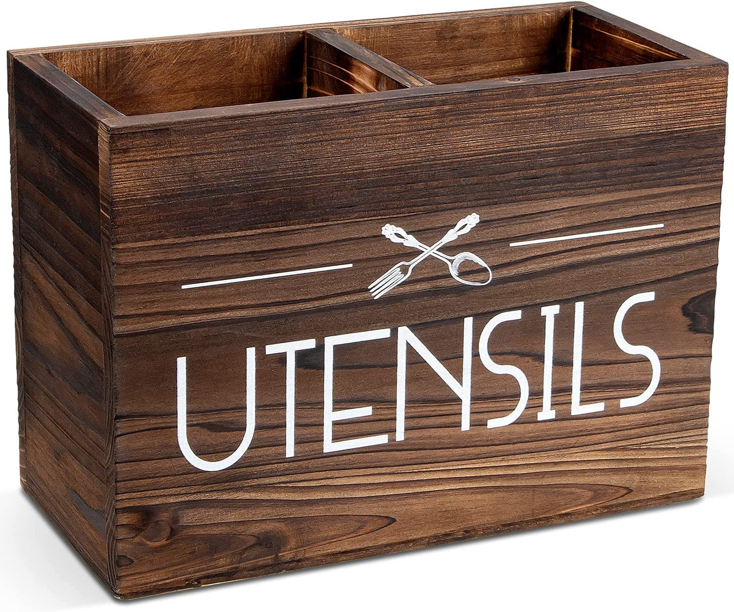 Wooden Kitchen Utensil Holder, Utensil Organizer for Countertop, Rustic Wood for Farmhouse Kitchen Decor, Farmhouse Utensil Caddy with 2 Compartments (Brown)