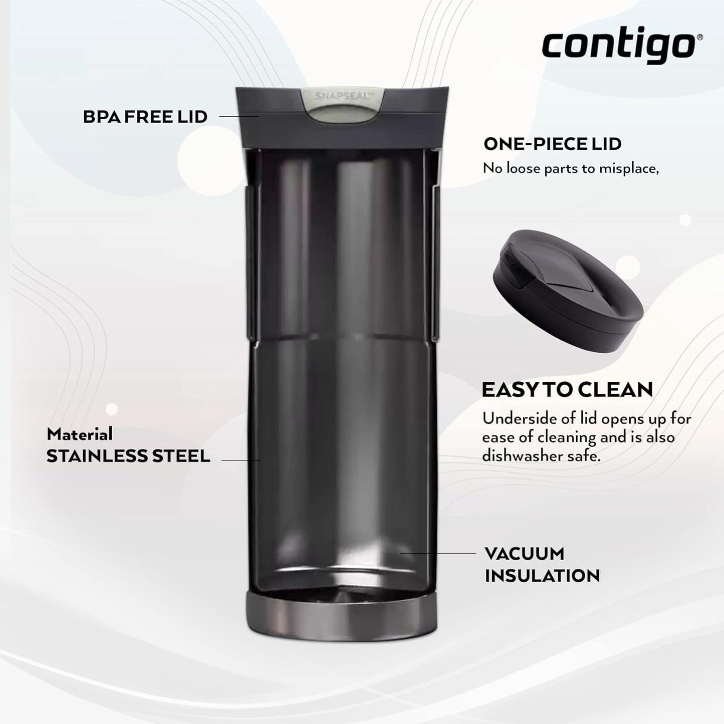 Byron Snapseal Travel Mug | Stainless Steel Thermal Mug | Vacuum Flask | Leakproof Tumbler | Coffee to Go Mug with BPA Free Easy-Clean Lid