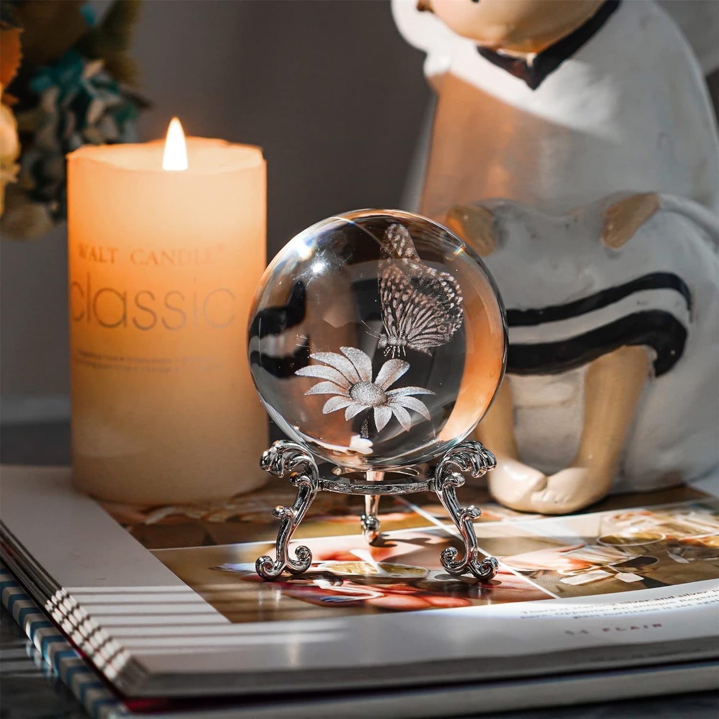 60Mm Butterfly Crystal Ball Paperweight,3D Laser Engraved Butterfly on Sunflower in Glass Ball with Stand Decorative Butterfly Glass Sphere Home Decor Gifts for Women Girls