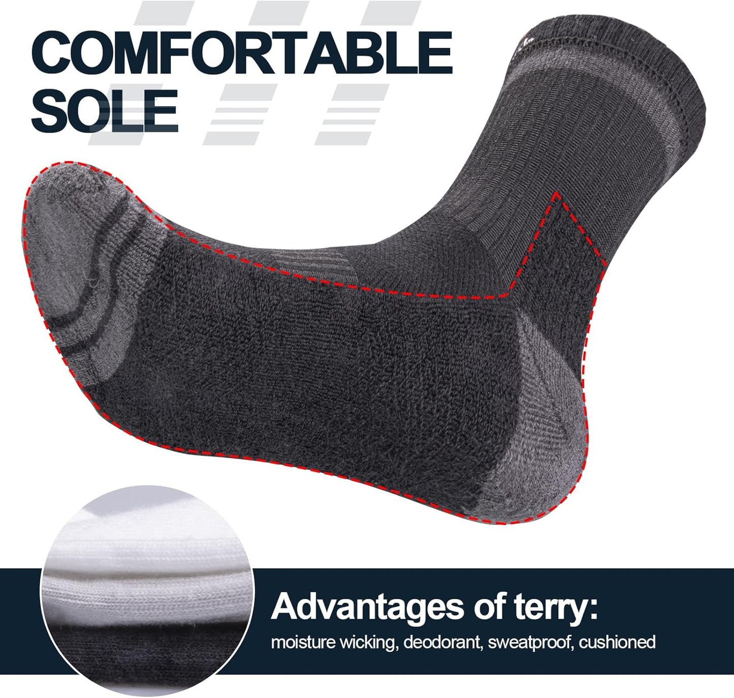 Mens Hiking Walking Socks Moisture Wicking Cushioned Gym Sports Socks Comfort Work Socks Cotton Crew Socks for Men Size 4-8/6-10/9-12, 5 Pairs